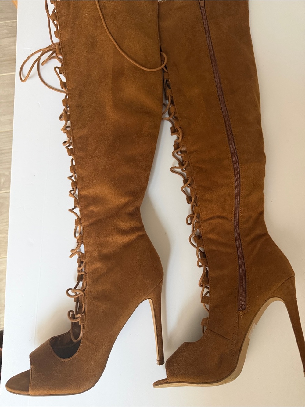 Halloween Charlotte Russe Cognac Lace-Up Over-the-Knee Peep-Toe Stiletto Boots 8
